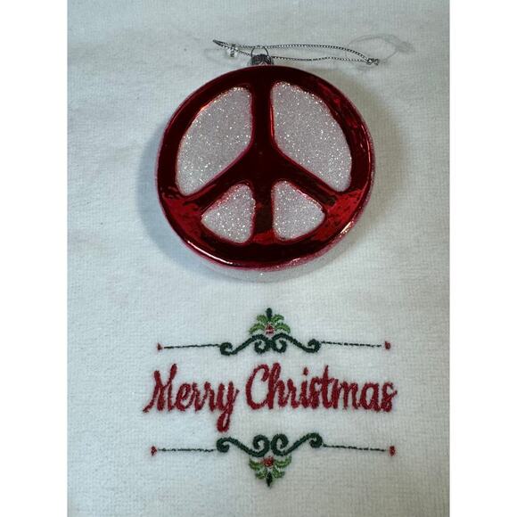 Christmas Ornament Peace Sign Dimensional Glass Red and White Glitter Holiday - Picture 1 of 4